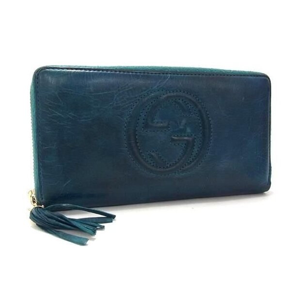 Gucci Long Wallet Soho Interlocking G Blue Green Leather Round